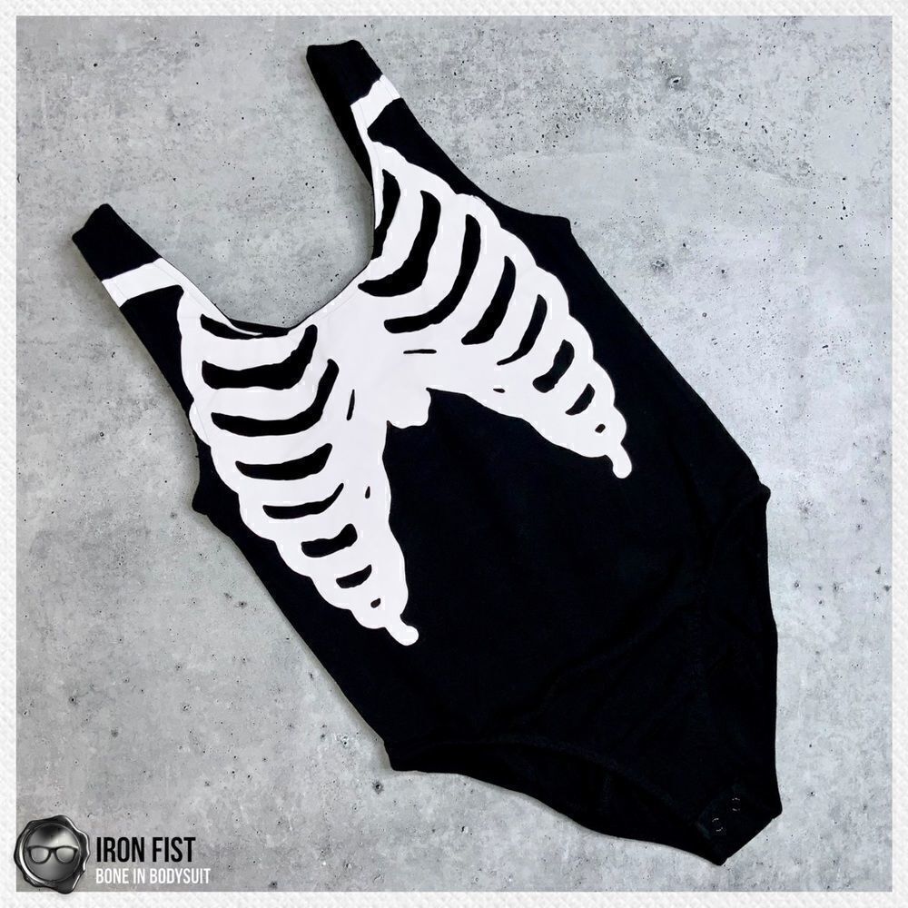 DOLLS KILL / IRON FIST BONE IN BODYSUIT IN BLACK & WHITE SKELETON HALLOWEEN GOTH